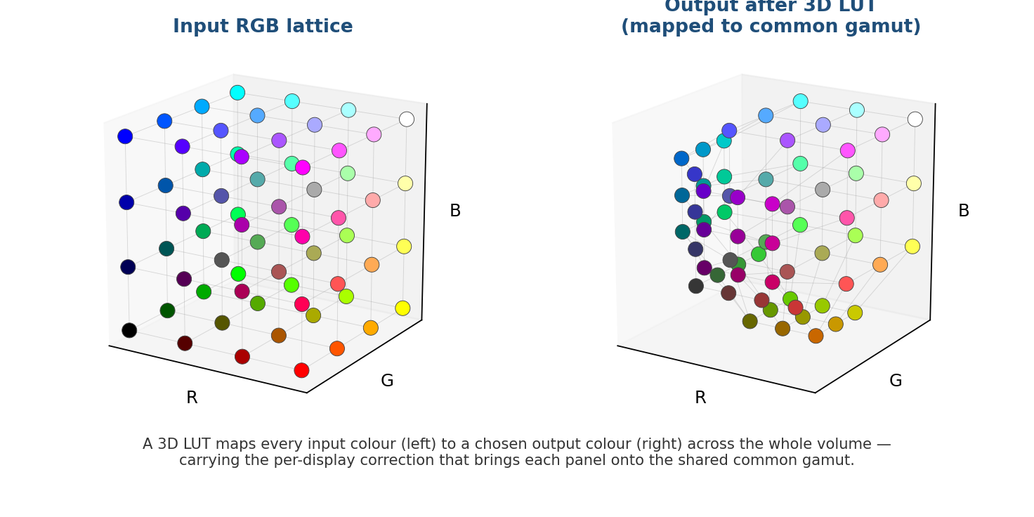 Figure 5. The correction is a 3D LUT: every input color in the RGB cube (left) is mapped to a chosen output color (right). This is what brings each panel onto the shared common gamut, color by color, across the whole volume.