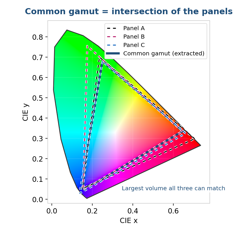 Figure 4. The common gamut extracted from the three panels (shaded) is their intersection — the largest volume all three can match, and the minimum-loss target.