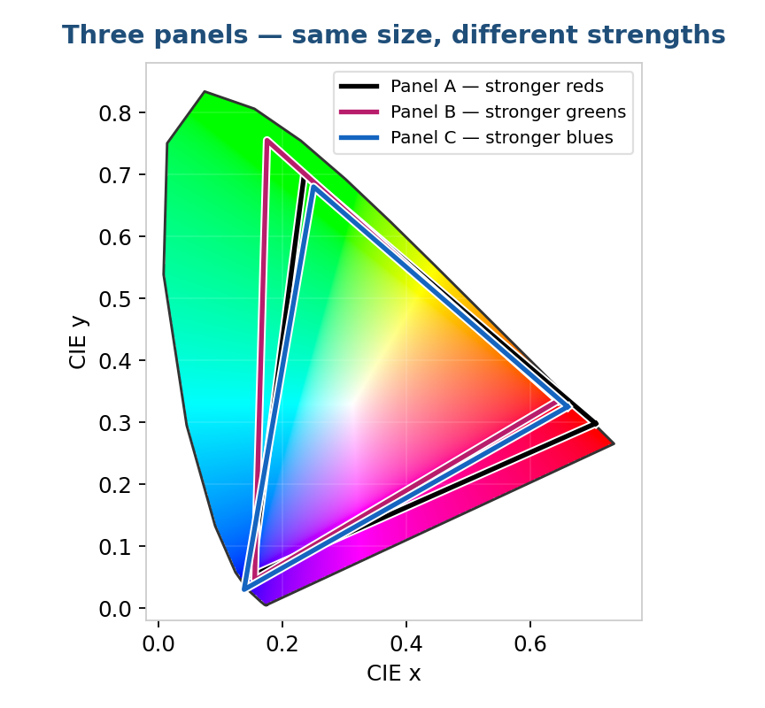 Figure 2. Three panels of comparable gamut size, each stronger in a different direction — one in the reds, one in the greens, one in the blues. Matching white and brightness does not bring their saturated colors together.